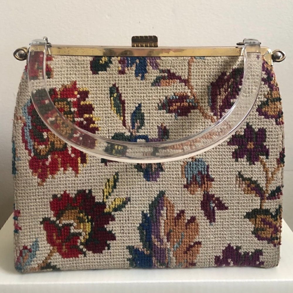 Vintage Handbag Tapestry Convertible with Clear Lucite Handled Purse by Edwards